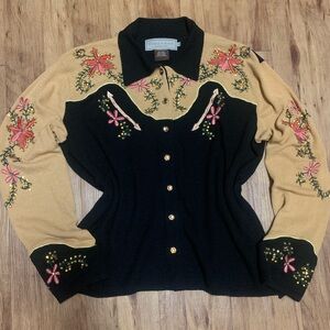 Double D Ranch Black & Yellow Linen Blend Embroidered Buttoned Long Sleeve Top L